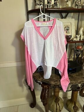 POL Pink and White V-Neck Draped Poncho shirt